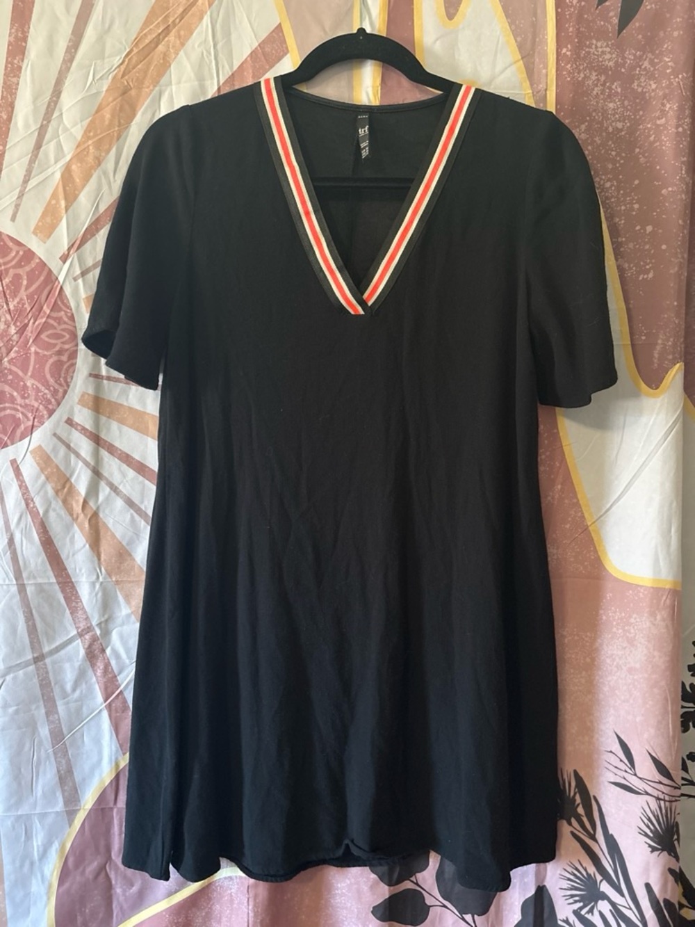 Zara Black Midi Dress with Red-White Stripe V-Neck XS flowy adorable dress